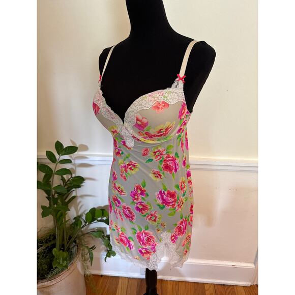 Victoria's Secret Floral Lace Built in Bra Slip Babydoll Teddy Slip Lingerie 36D - Picture 1 of 13